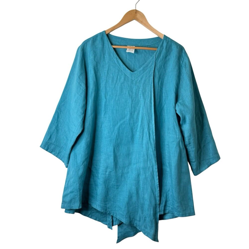 Match Point Linen Tunic Top M Turquoise Asymmetric Hem Lagenlook USA Coastal